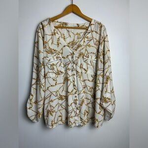 Flower & Feather Top Blouse Plus Size 3Xl Women's long 3/4 Sleeve Button down